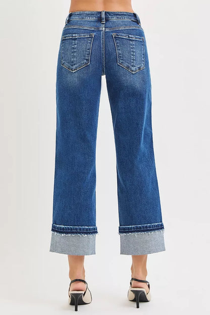 RISEN Mid Rise Ankle Straight Jeans with Cuffed Hem