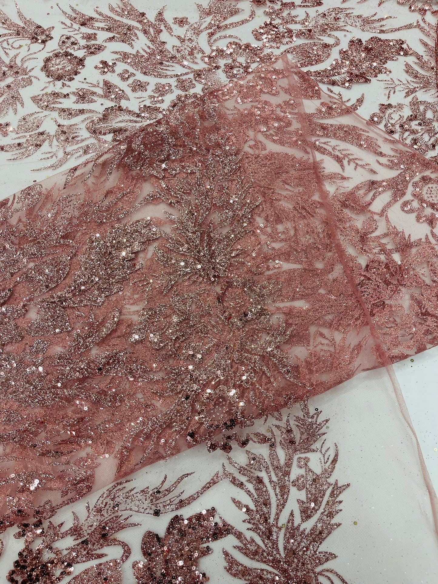 Big Glitter Damask Design On A Mesh Lace 58" Wide| New Creations Fabric & Foam Inc.
