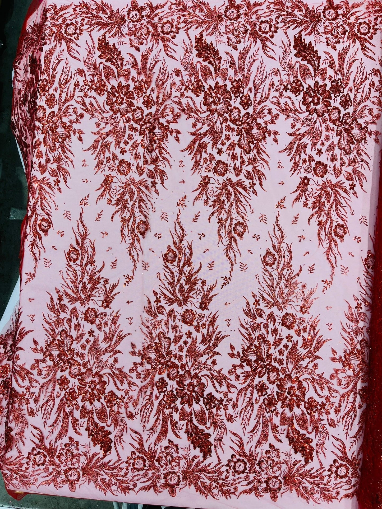 Big Glitter Damask Design On A Mesh Lace 58" Wide| New Creations Fabric & Foam Inc.