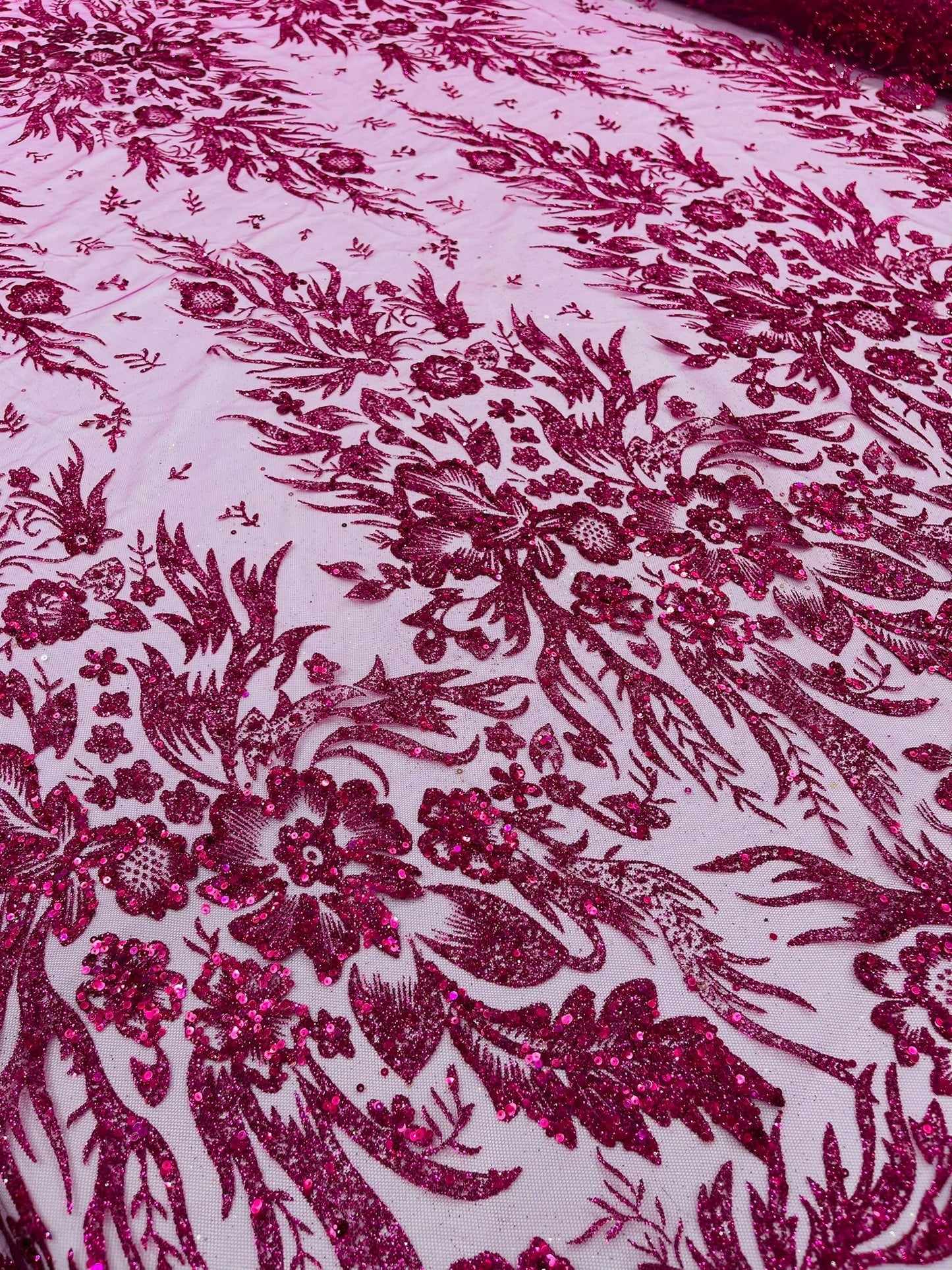 Big Glitter Damask Design On A Mesh Lace 58" Wide| New Creations Fabric & Foam Inc.