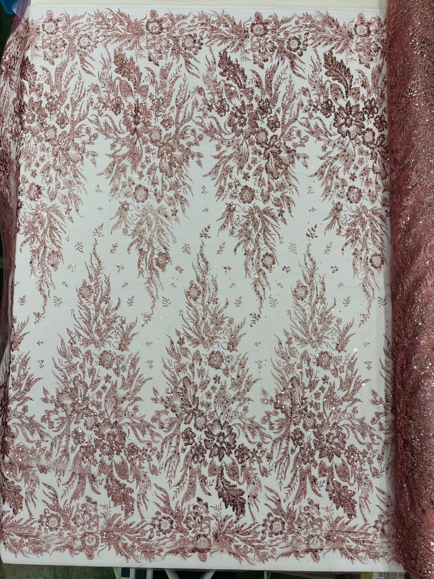 Big Glitter Damask Design On A Mesh Lace 58" Wide| New Creations Fabric & Foam Inc.