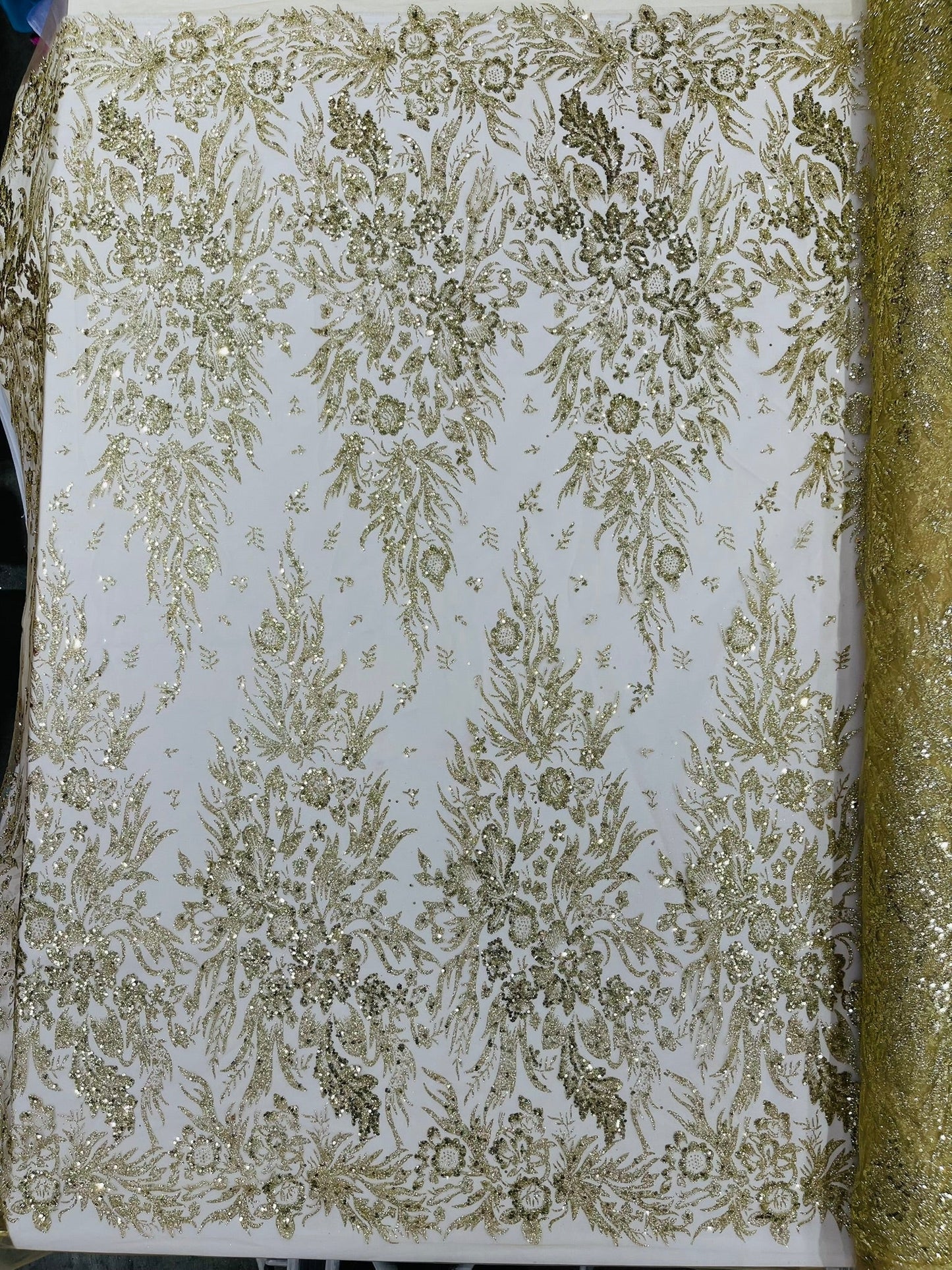 Big Glitter Damask Design On A Mesh Lace 58" Wide| New Creations Fabric & Foam Inc.