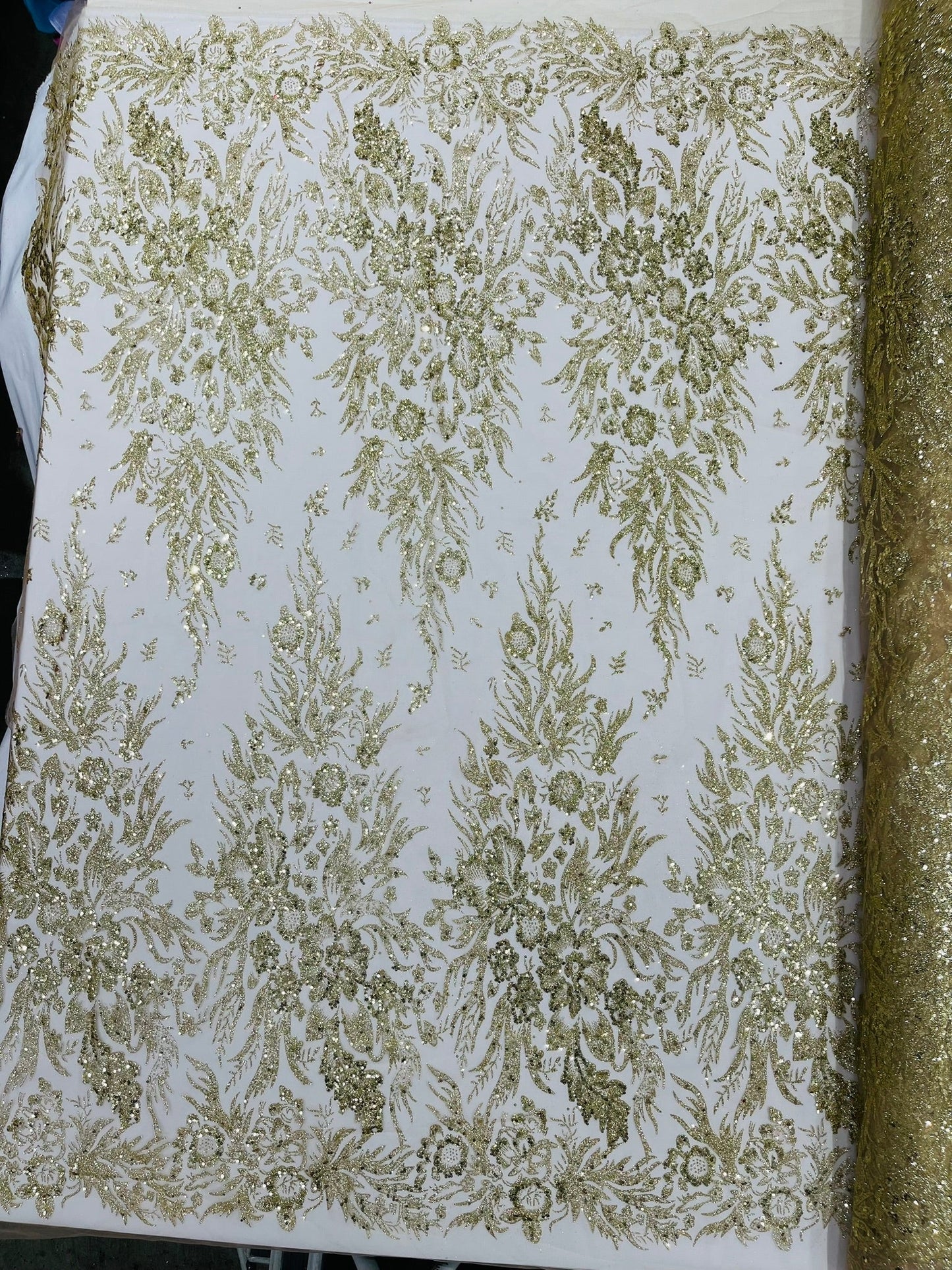 Big Glitter Damask Design On A Mesh Lace 58" Wide| New Creations Fabric & Foam Inc.
