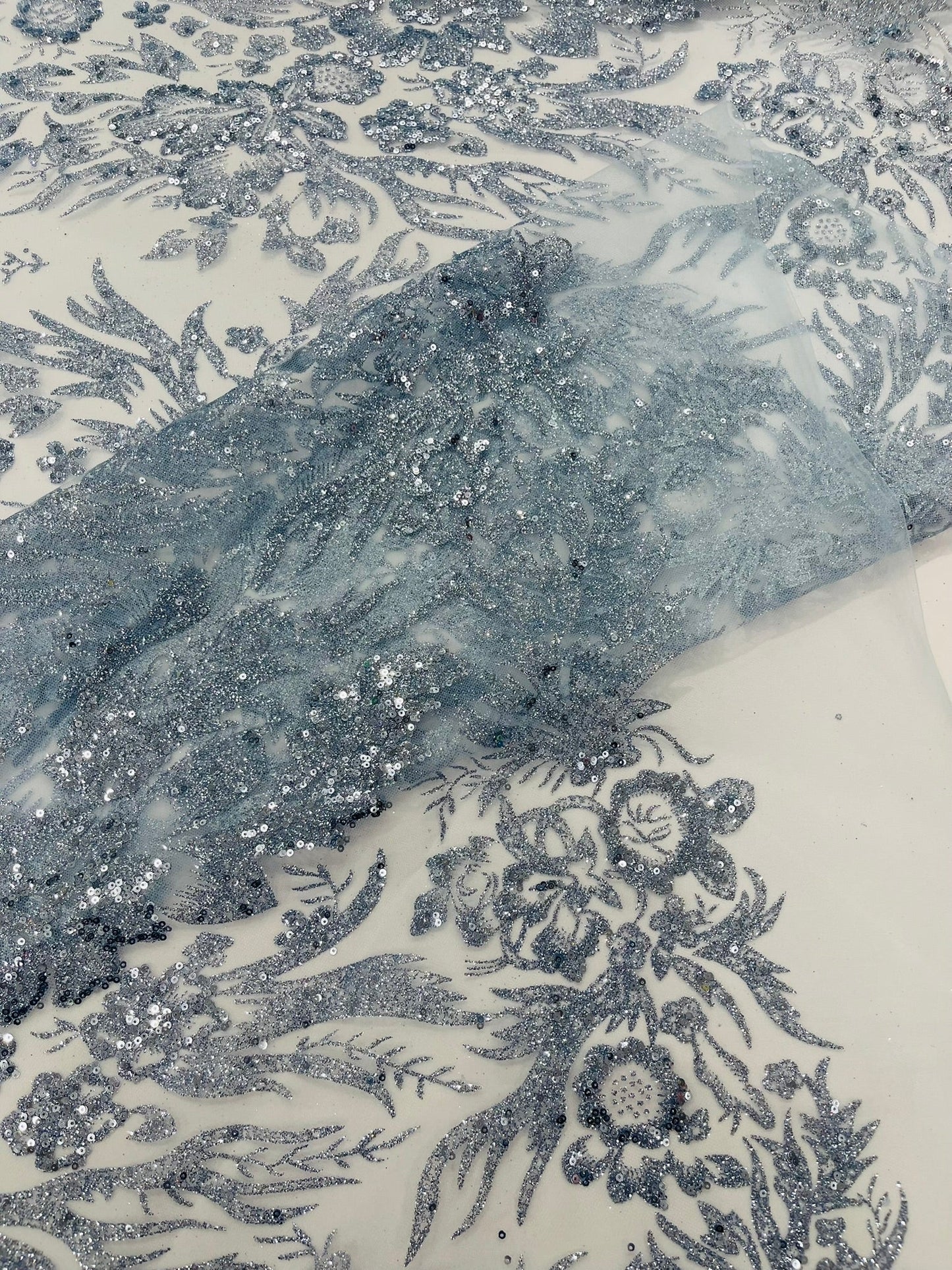 Big Glitter Damask Design On A Mesh Lace 58" Wide| New Creations Fabric & Foam Inc.