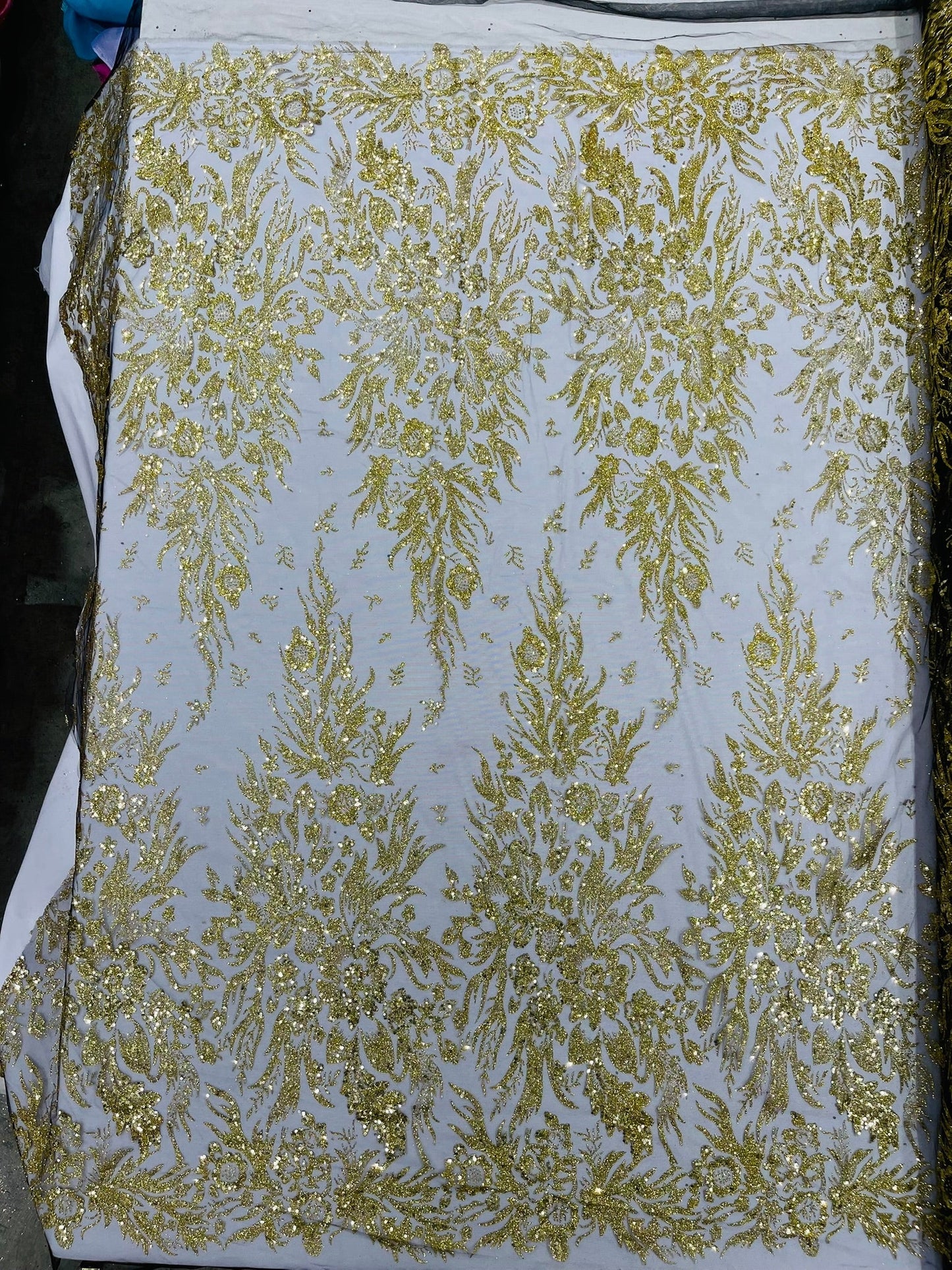Big Glitter Damask Design On A Mesh Lace 58" Wide| New Creations Fabric & Foam Inc.