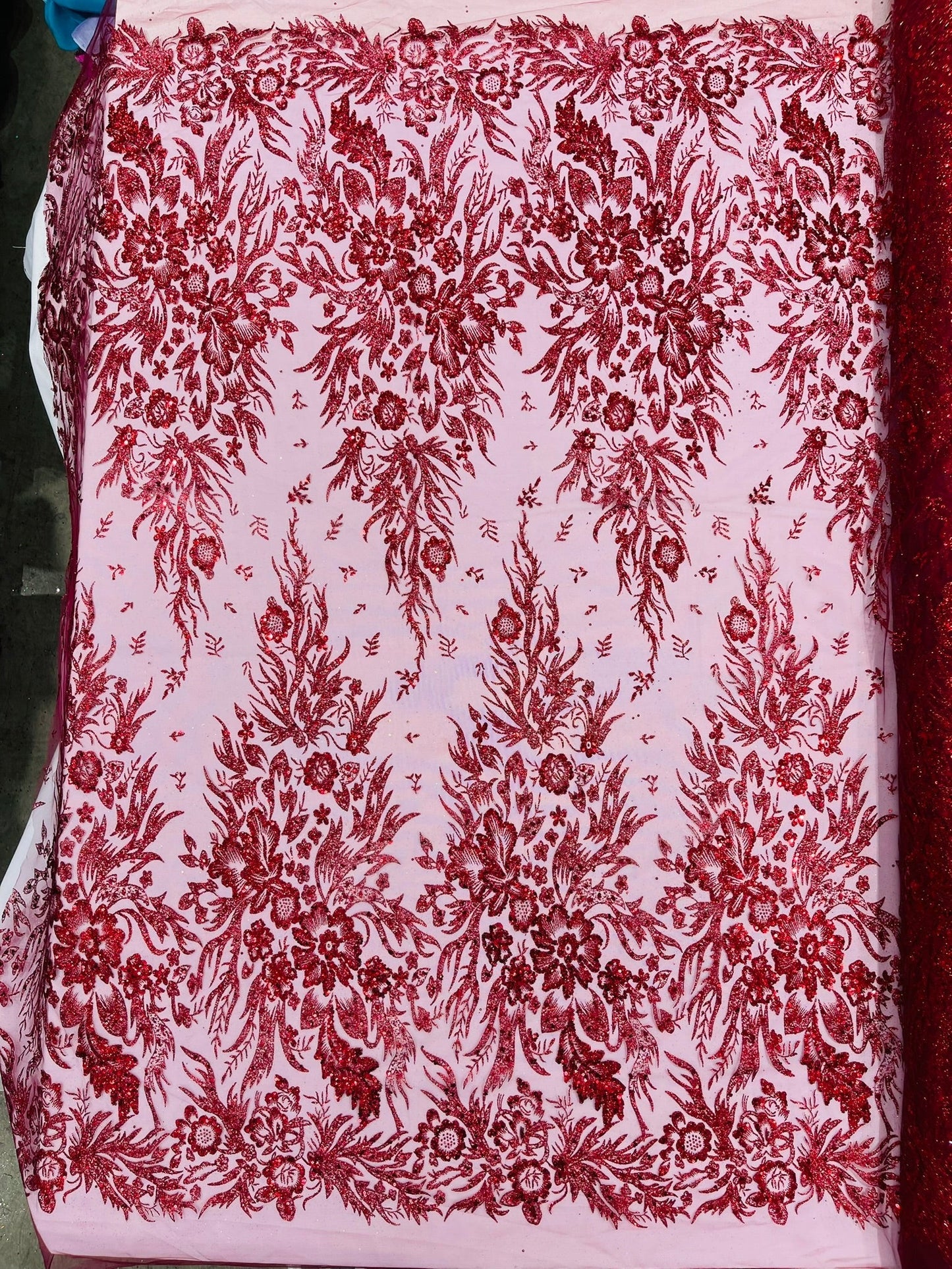 Big Glitter Damask Design On A Mesh Lace 58" Wide| New Creations Fabric & Foam Inc.