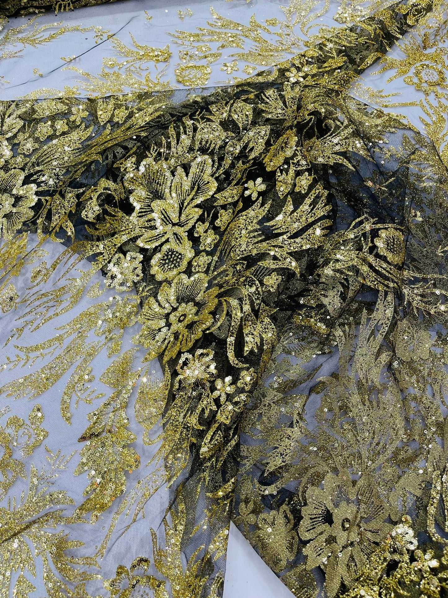 Big Glitter Damask Design On A Mesh Lace 58" Wide| New Creations Fabric & Foam Inc.