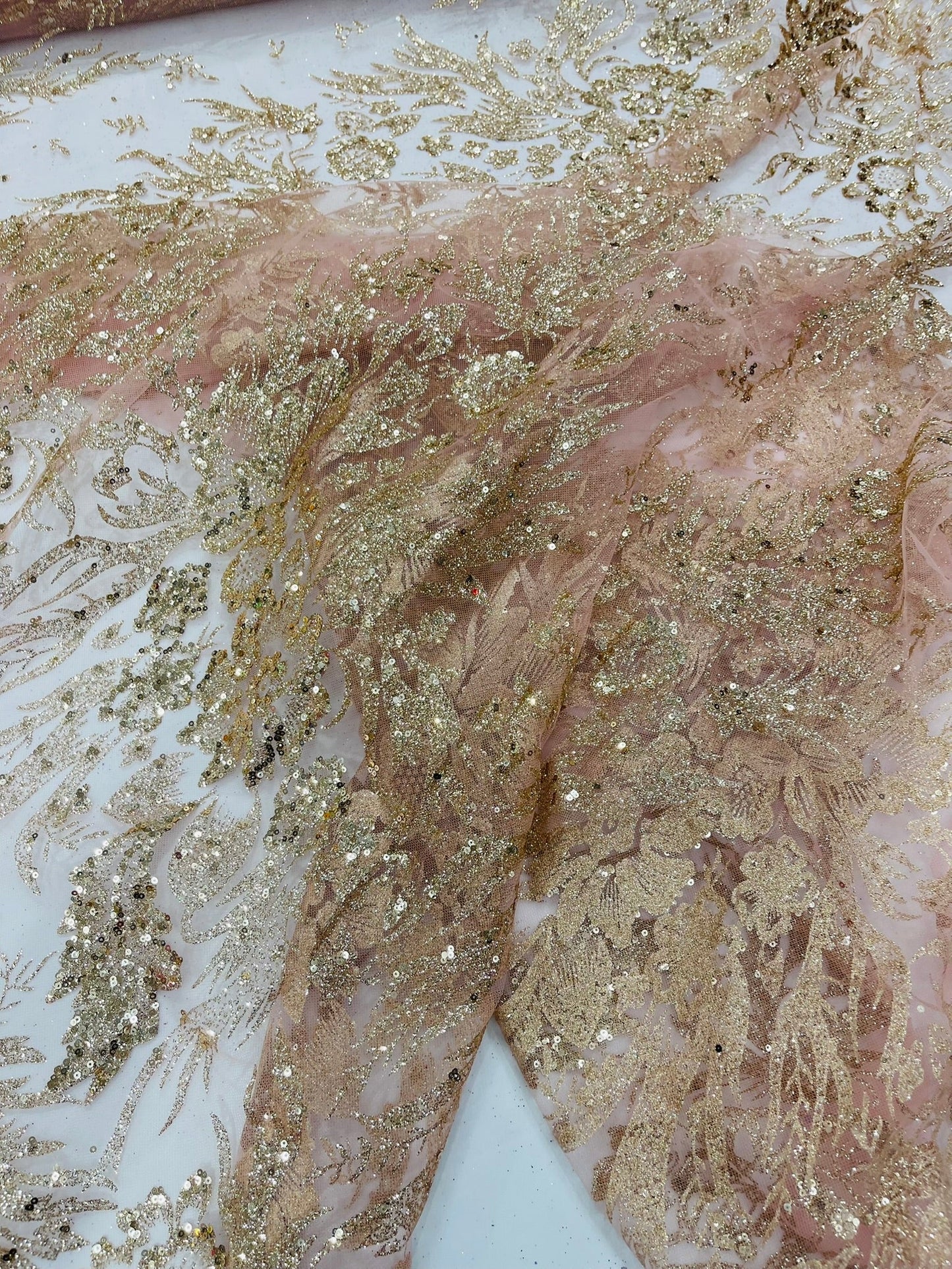 Big Glitter Damask Design On A Mesh Lace 58" Wide| New Creations Fabric & Foam Inc.
