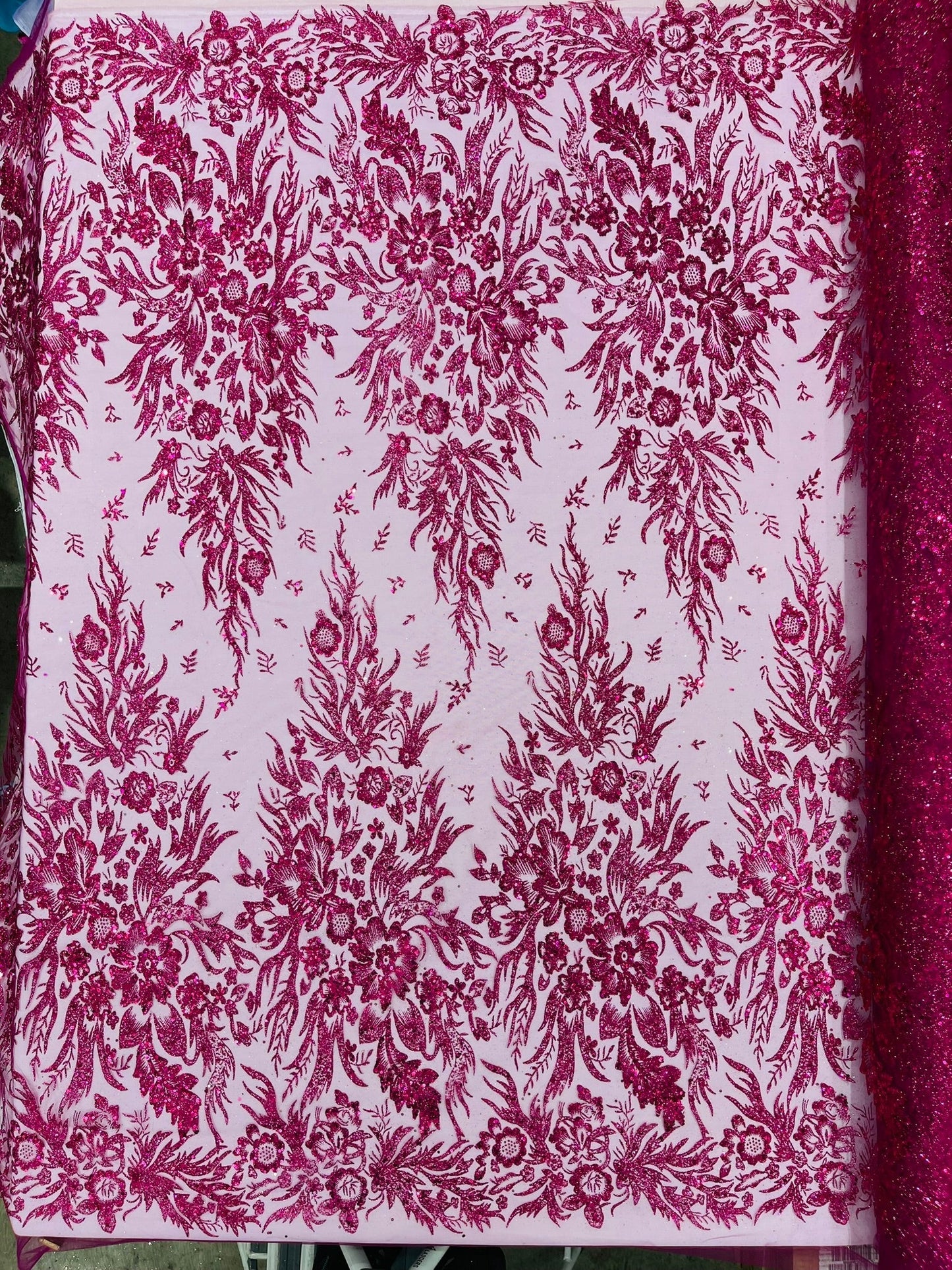 Big Glitter Damask Design On A Mesh Lace 58" Wide| New Creations Fabric & Foam Inc.
