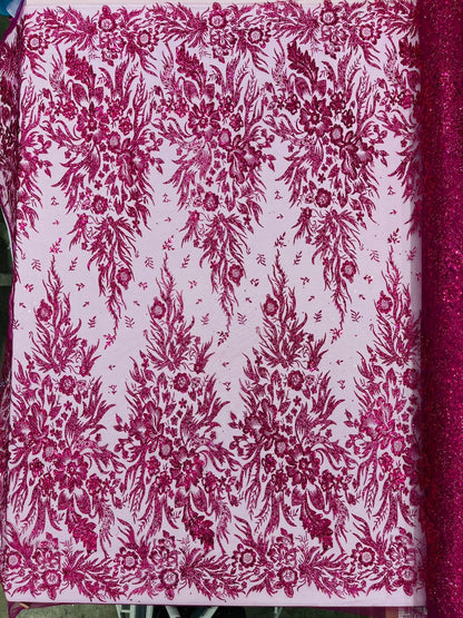 Big Glitter Damask Design On A Mesh Lace 58" Wide| New Creations Fabric & Foam Inc.