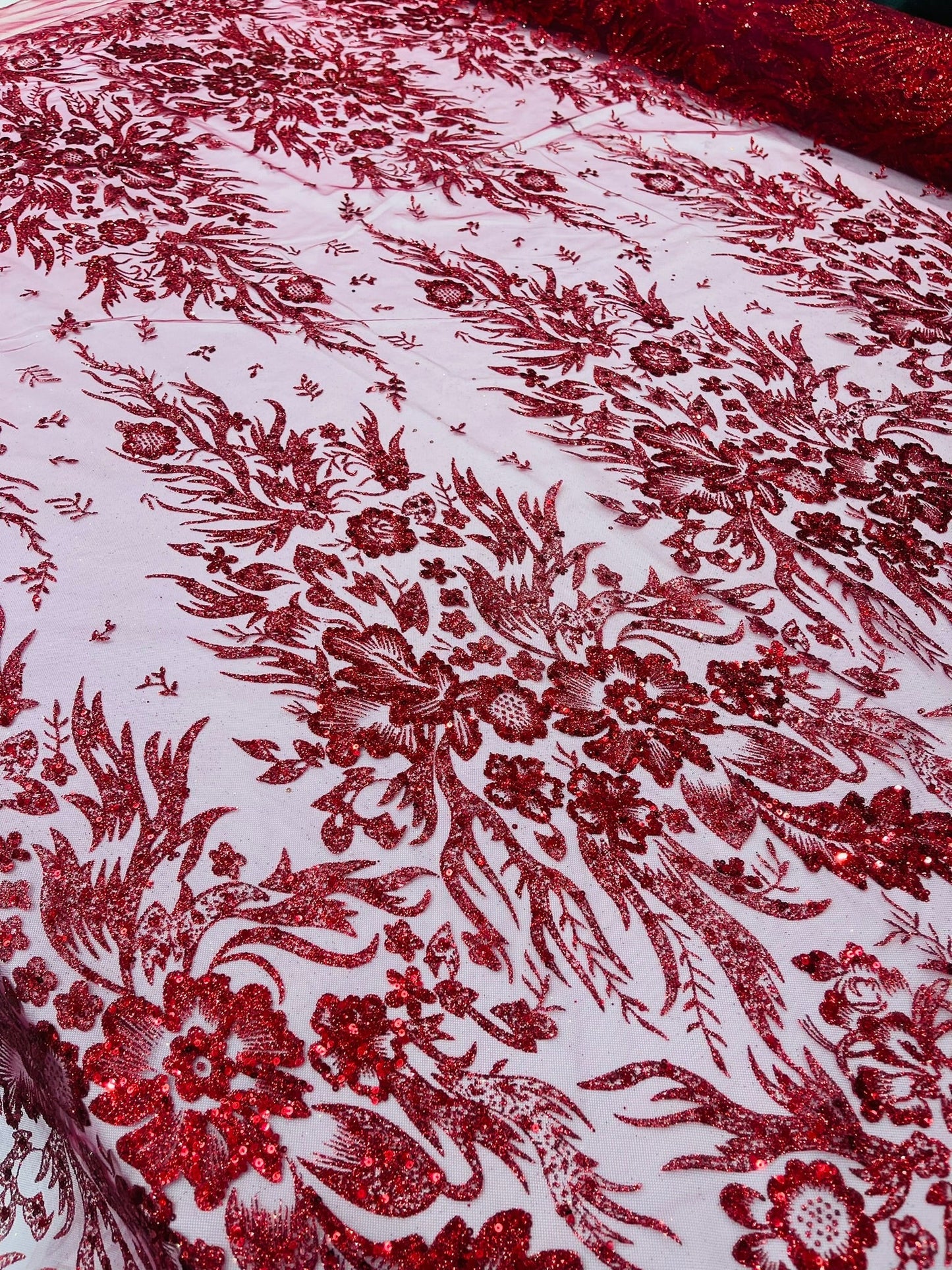 Big Glitter Damask Design On A Mesh Lace 58" Wide| New Creations Fabric & Foam Inc.