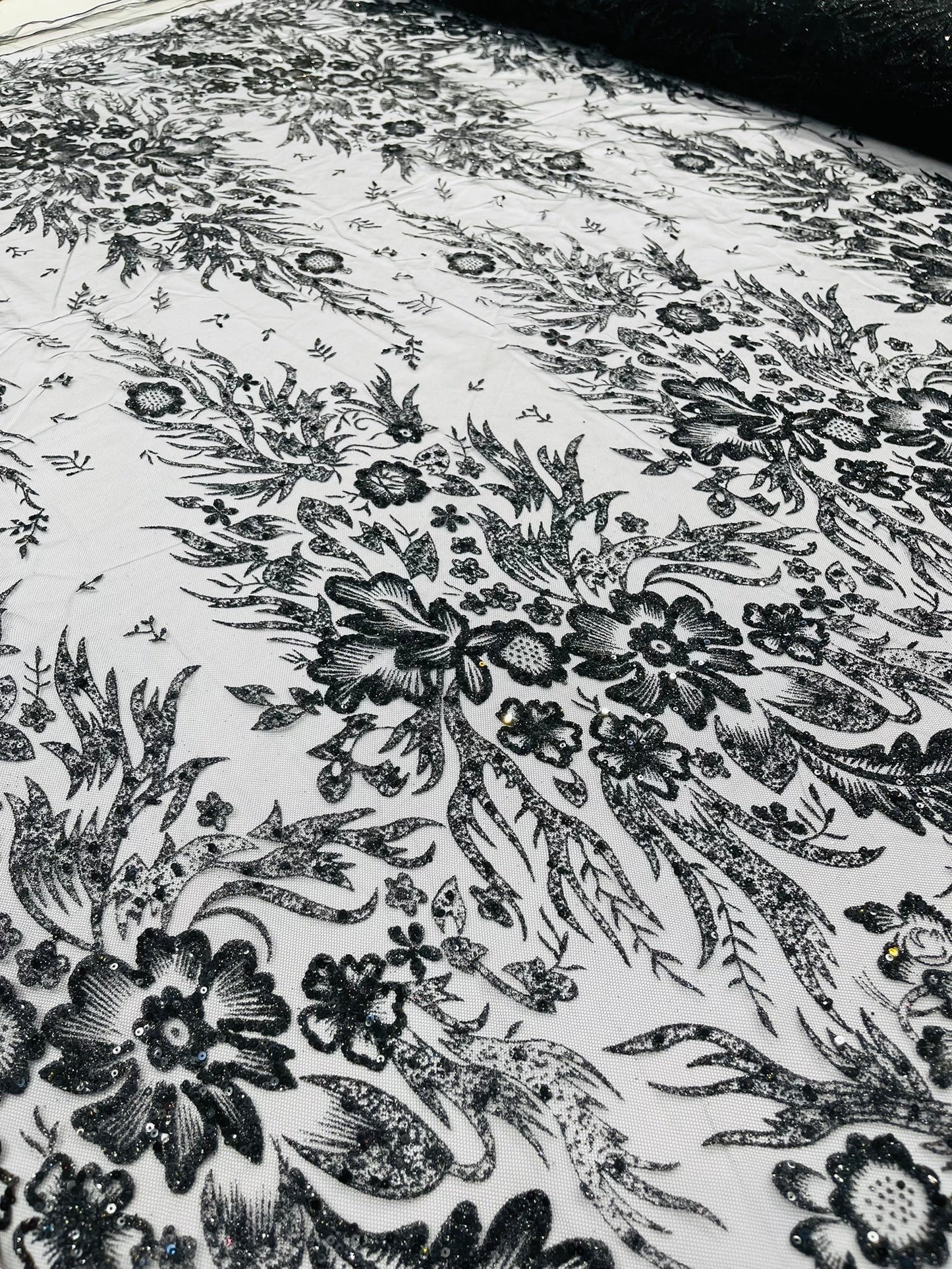 Big Glitter Damask Design On A Mesh Lace 58" Wide| New Creations Fabric & Foam Inc.