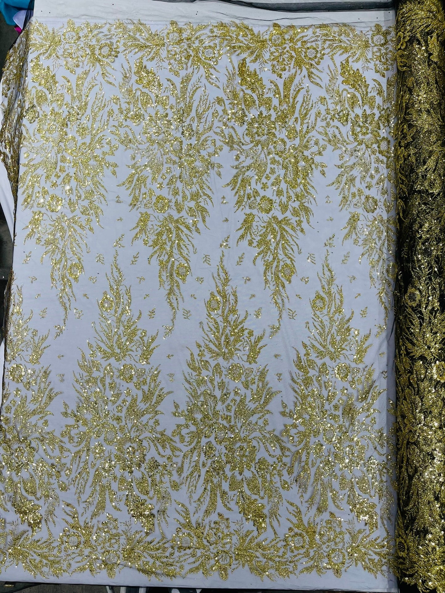 Big Glitter Damask Design On A Mesh Lace 58" Wide| New Creations Fabric & Foam Inc.
