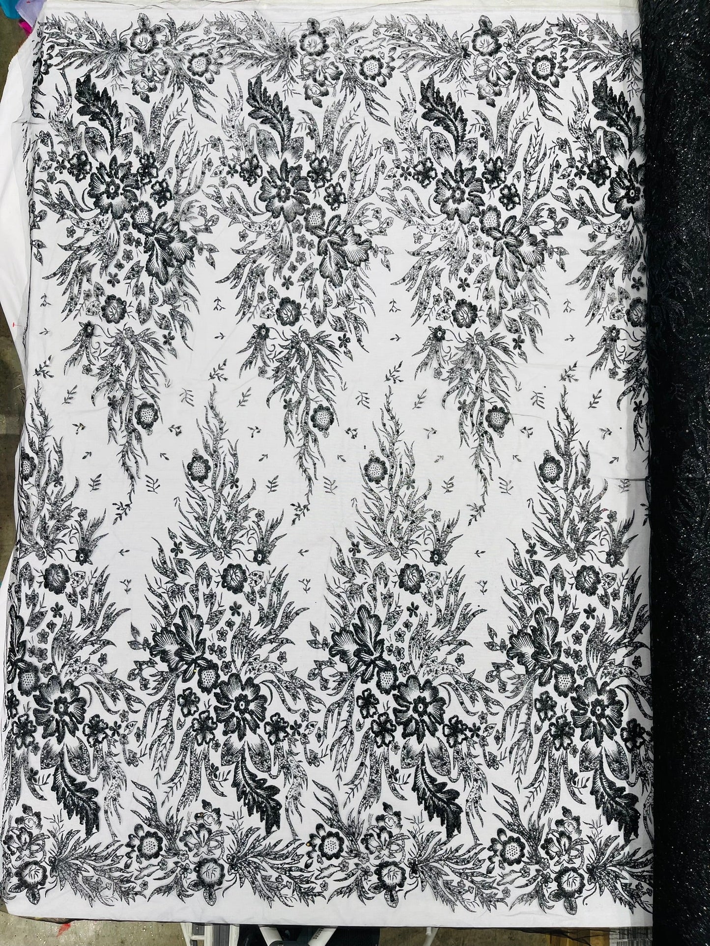 Big Glitter Damask Design On A Mesh Lace 58" Wide| New Creations Fabric & Foam Inc.
