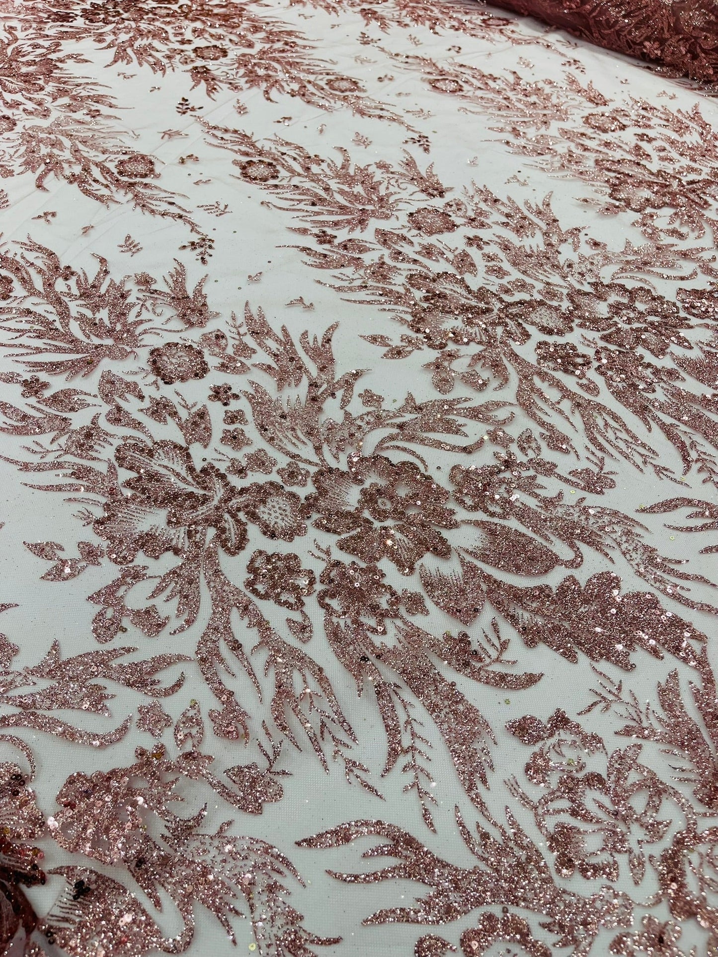 Big Glitter Damask Design On A Mesh Lace 58" Wide| New Creations Fabric & Foam Inc.