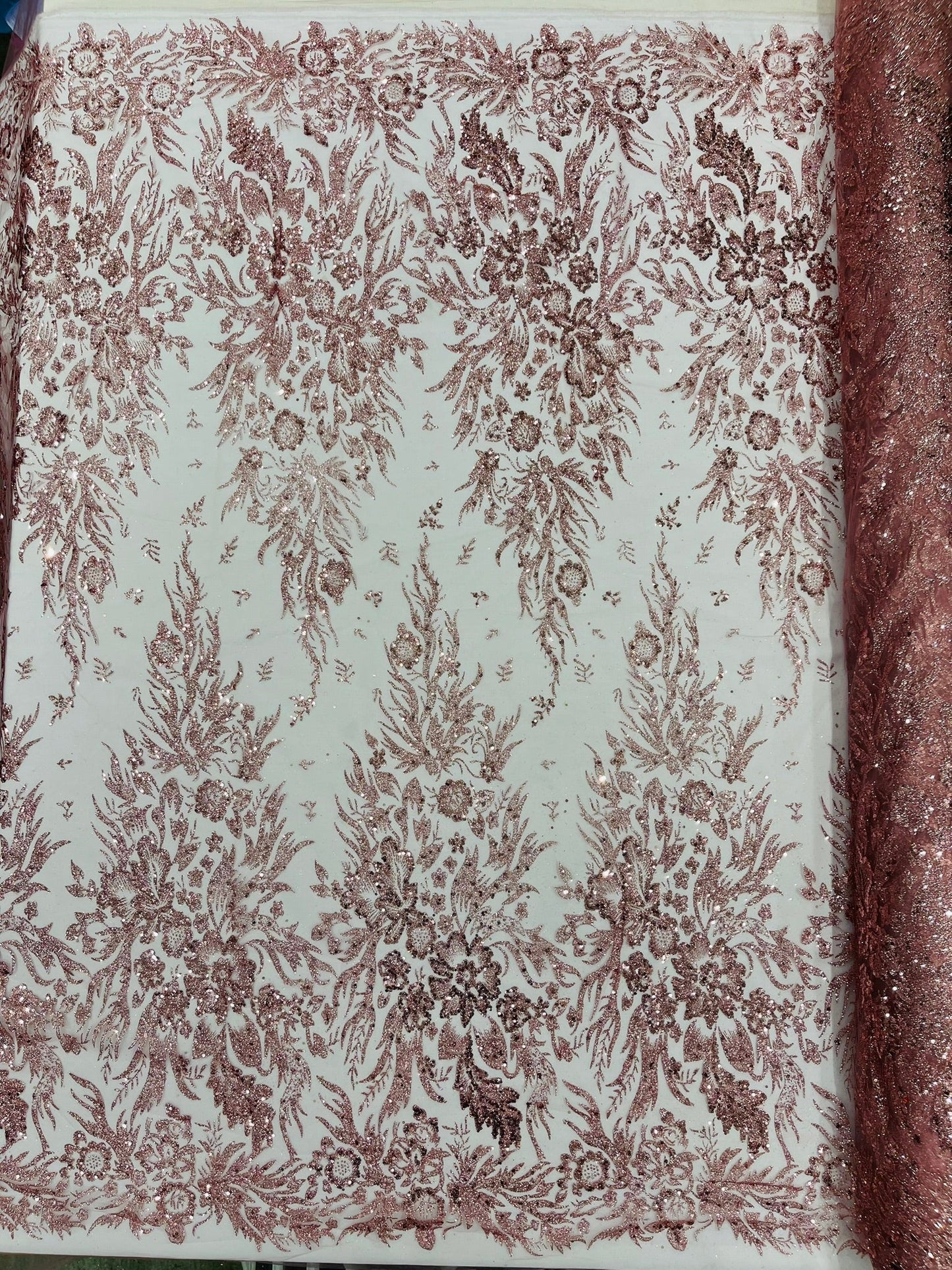 Big Glitter Damask Design On A Mesh Lace 58" Wide| New Creations Fabric & Foam Inc.