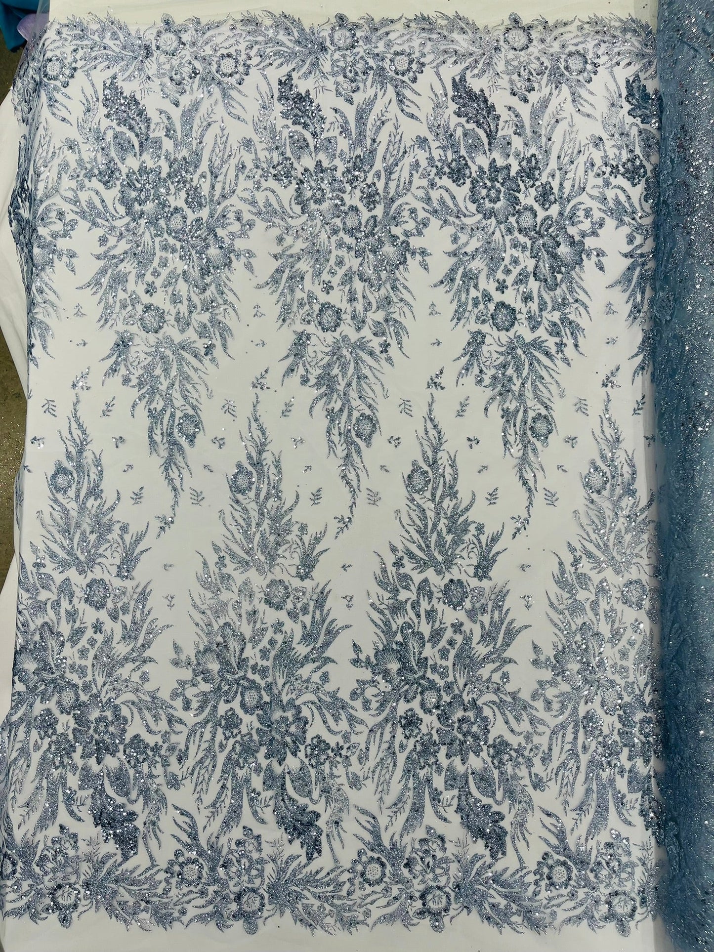 Big Glitter Damask Design On A Mesh Lace 58" Wide| New Creations Fabric & Foam Inc.