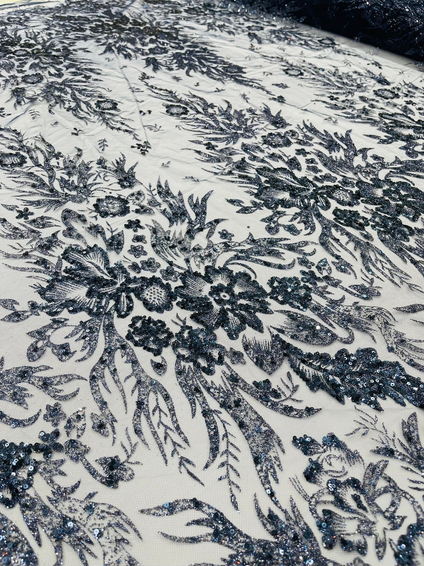 Big Glitter Damask Design On A Mesh Lace 58" Wide| New Creations Fabric & Foam Inc.