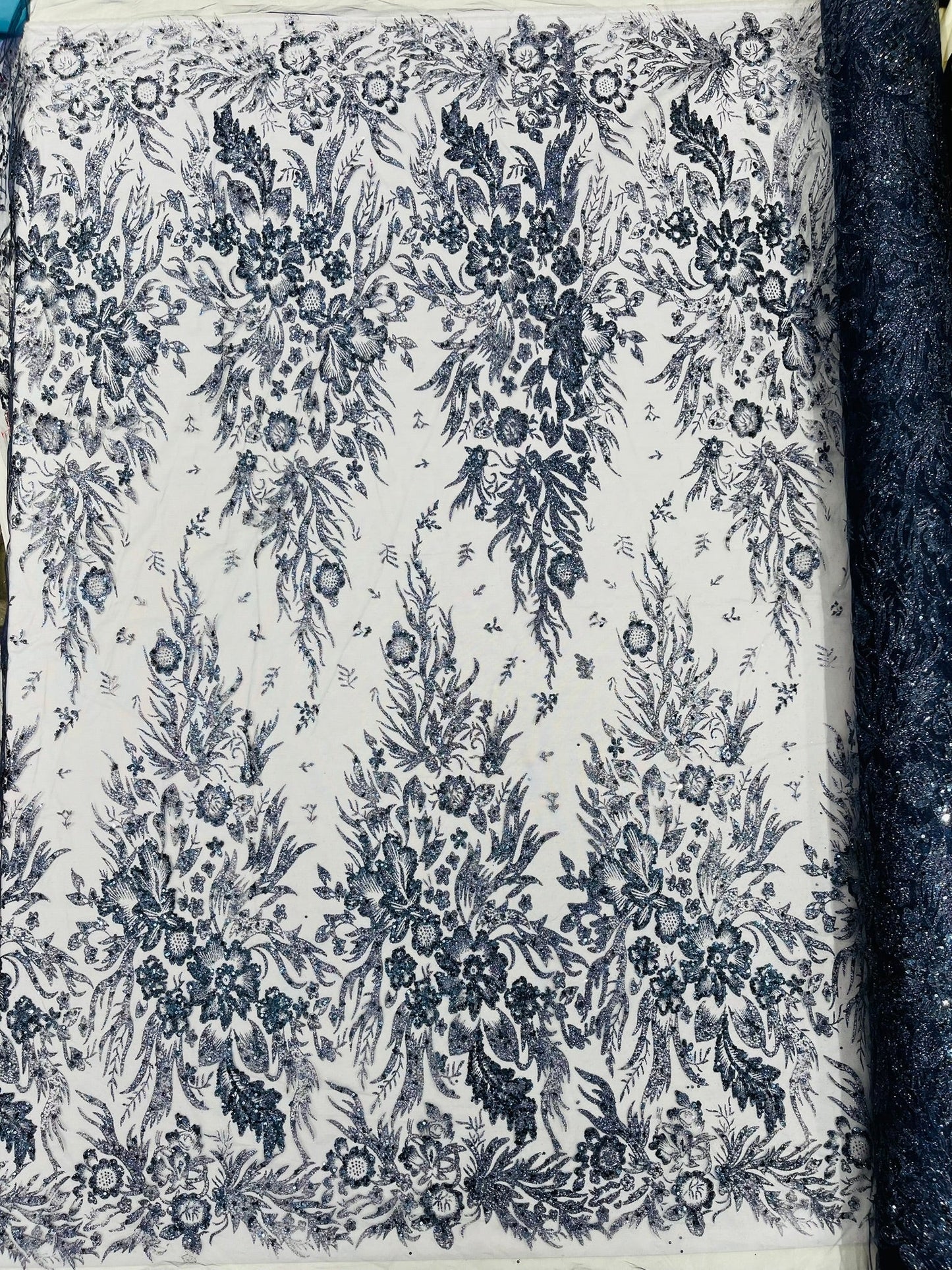 Big Glitter Damask Design On A Mesh Lace 58" Wide| New Creations Fabric & Foam Inc.