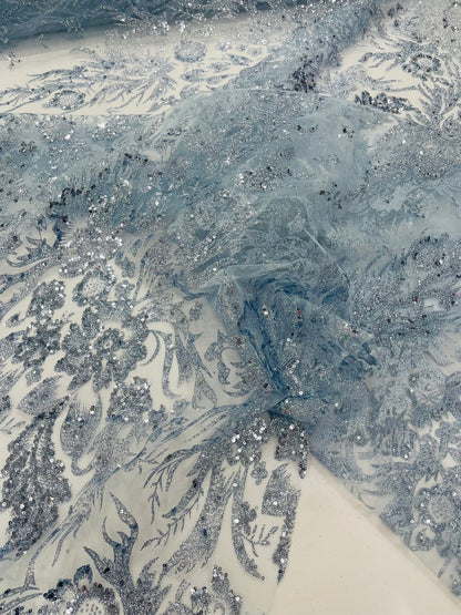 Big Glitter Damask Design On A Mesh Lace 58" Wide| New Creations Fabric & Foam Inc.