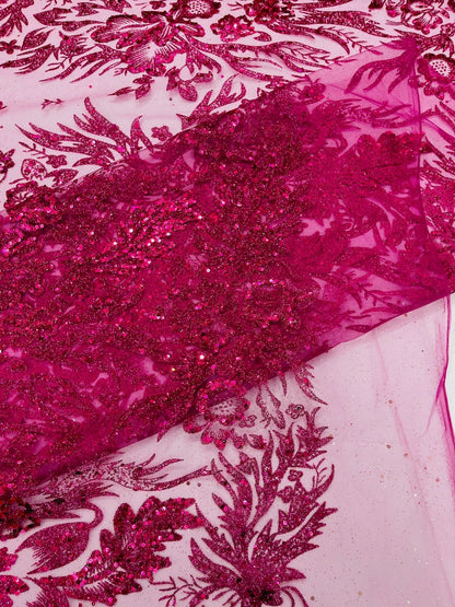 Big Glitter Damask Design On A Mesh Lace 58" Wide| New Creations Fabric & Foam Inc.