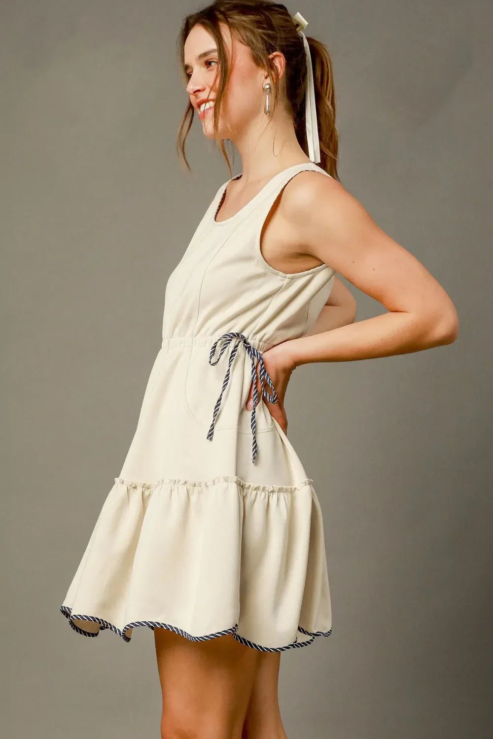 Umgee Frill Drawstring Waist Round Neck Mini Tank Dress
