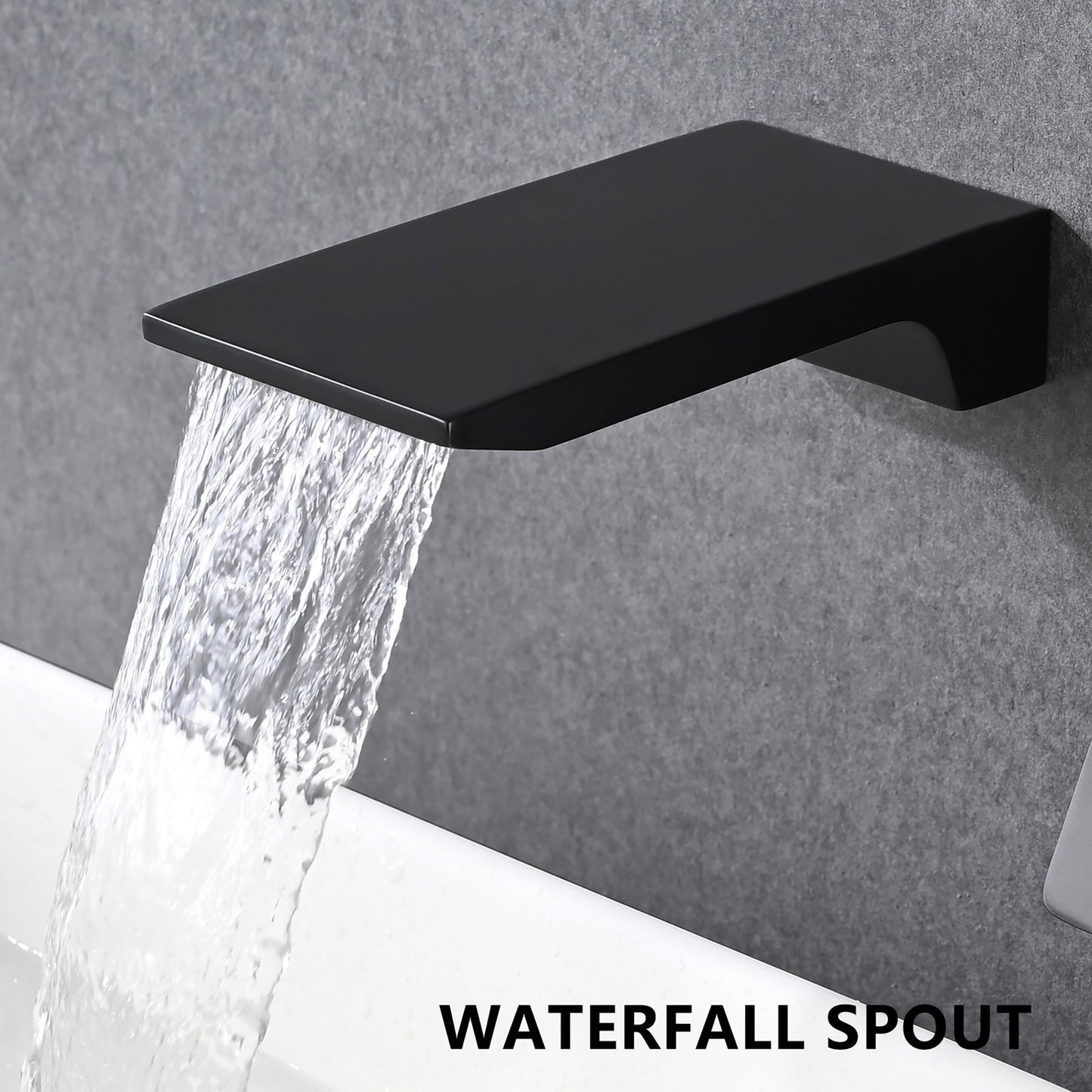 Modern Matte Black Wall Mount Bathroom Sink Faucet with Waterfall Spout and Brass Rough-in Valve