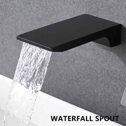 Modern Matte Black Wall Mount Bathroom Sink Faucet with Waterfall Spout and Brass Rough-in Valve