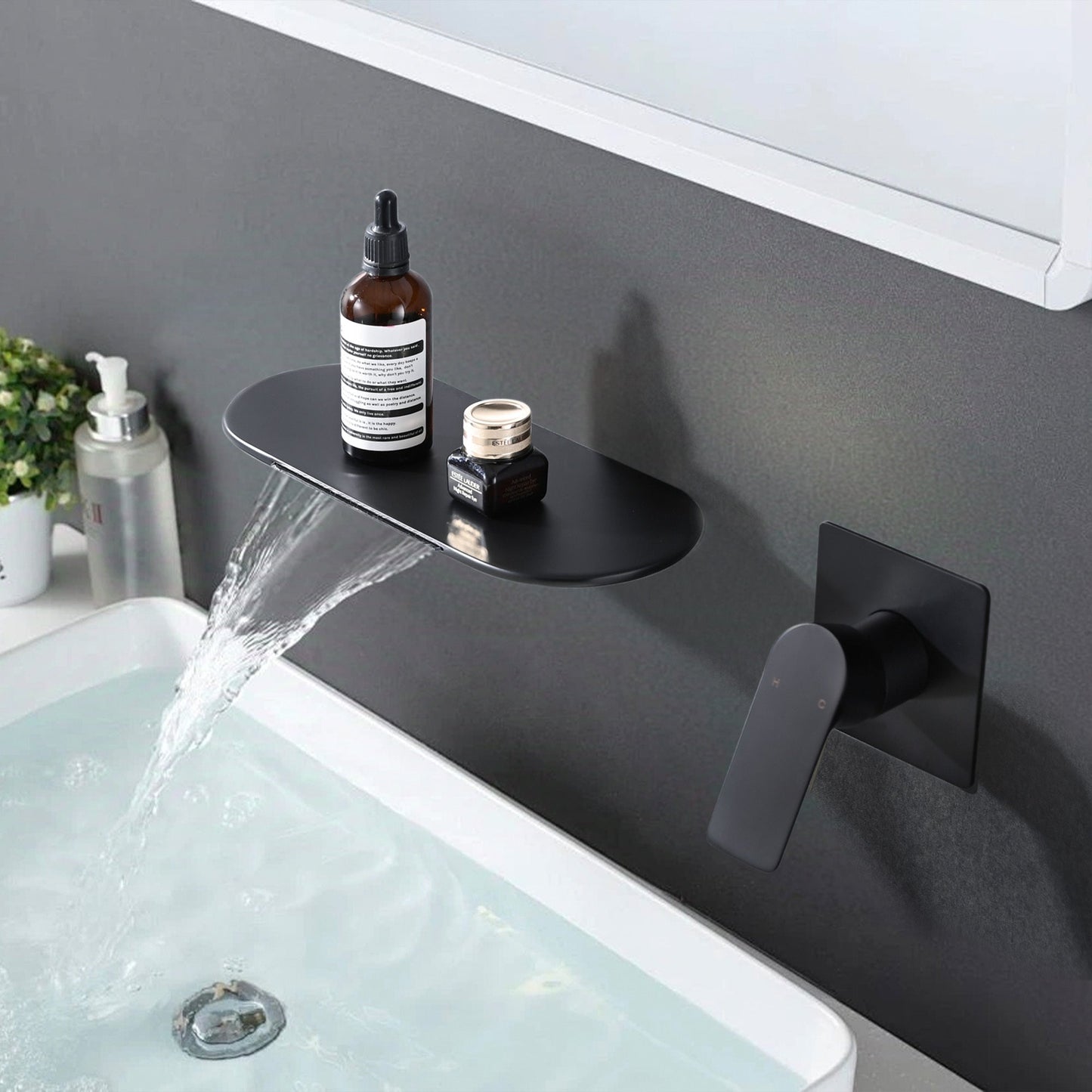 Modern Matte Black Wall Mount Bathroom Sink Faucet with Waterfall Spout and Brass Rough-in Valve