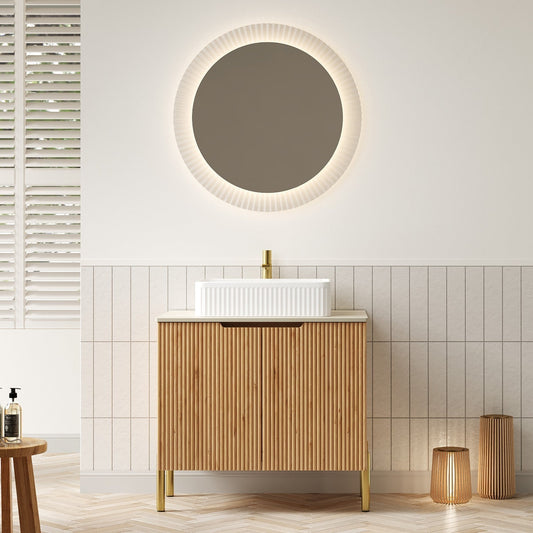 30" Freestanding Bathroom Vanity with Sink – Plywood Cabinet, Roma Travertine Sintered Stone Countertop & Ceramic Basin, Woodgrain