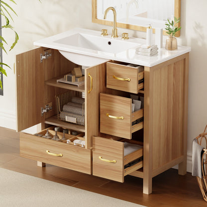 36" Acacia Wood Bathroom Vanity with Sink – Solid Wood Frame, 2 Soft-Close Doors, 4 Soft-Close Drawers & Ceramic Basin