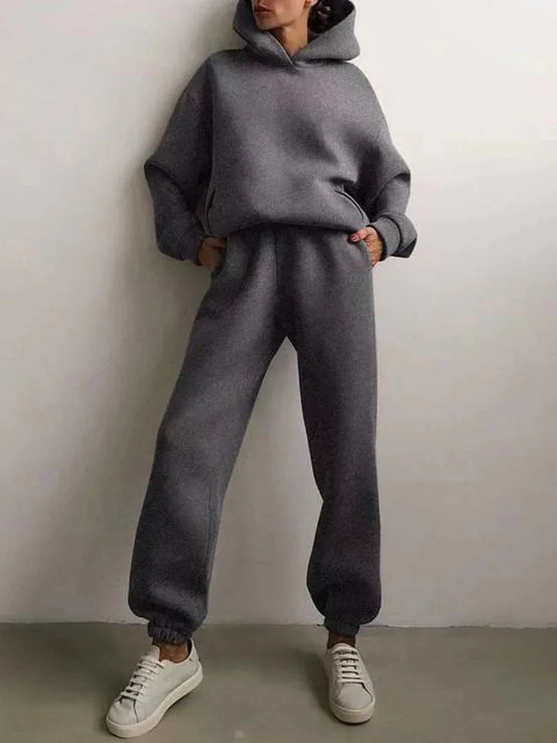 Women's fleece tracksuit two-piece set in dark gray