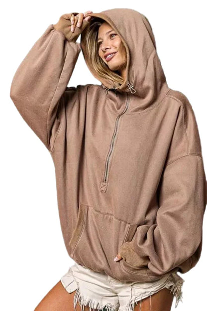 BiBi Stitch Detailed Elastic Hem Half Zip Fleece Hoodie