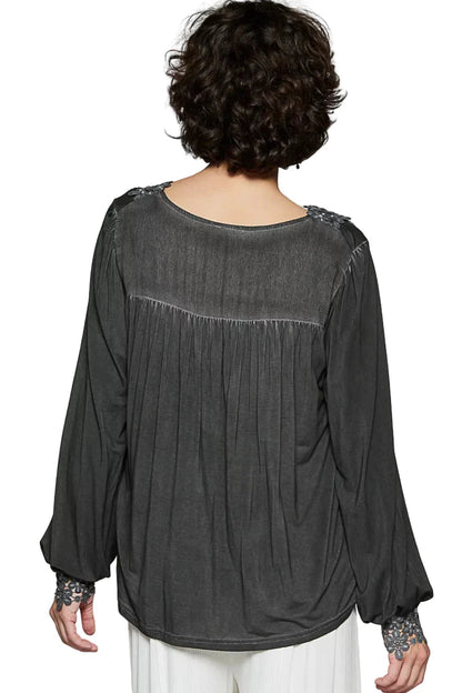POL Floral Embroidery Woven Top with Lace Trim