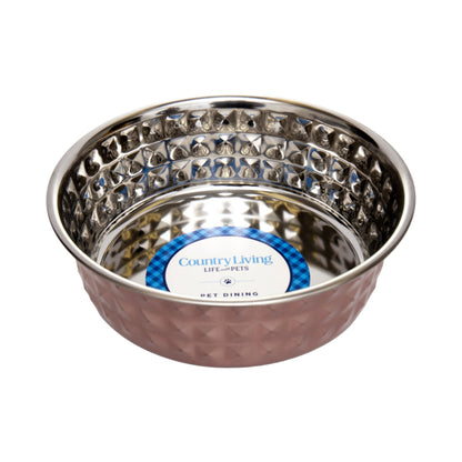 Country Living Set of 2 Hammered Stainless Steel Dog Bowls – Ideal for Extra Large Breeds – Rose Quartz/64oz