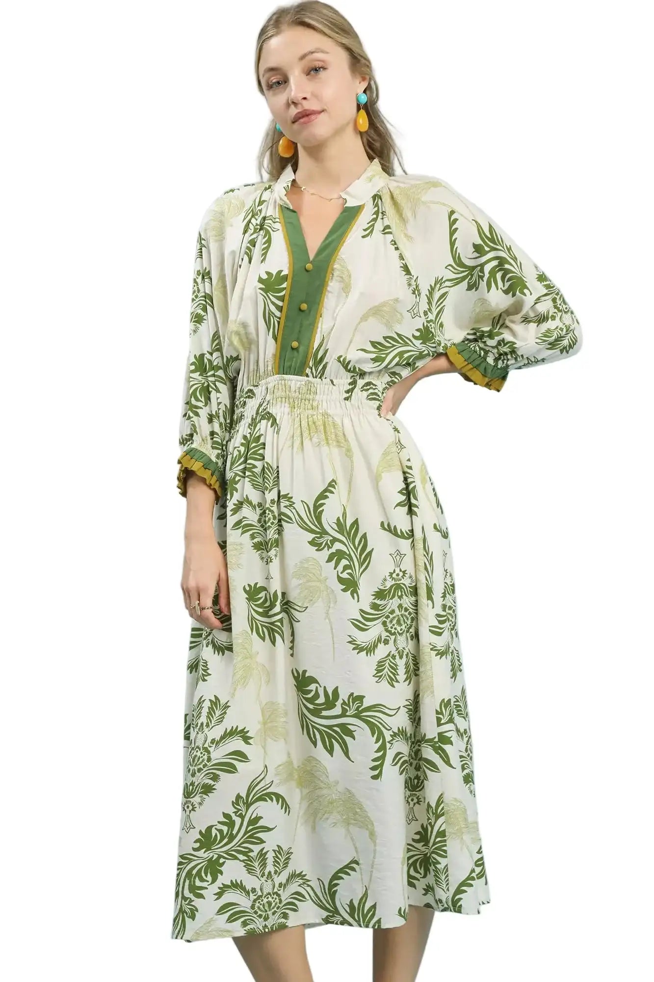 Umgee Tropical Print Button Detail Midi Dress