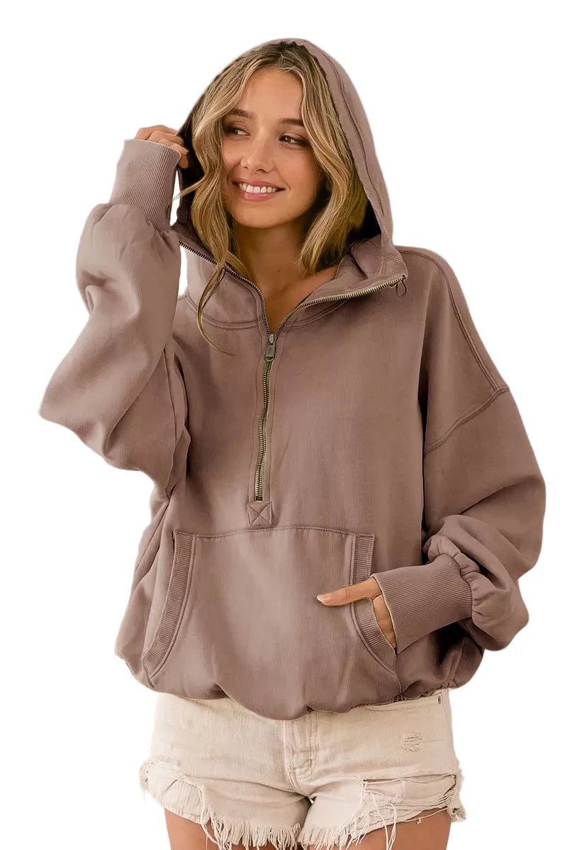 BiBi Stitch Detailed Elastic Hem Half Zip Fleece Hoodie