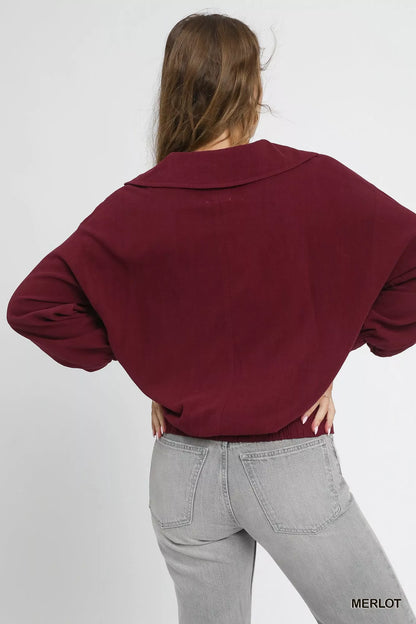 Umgee Linen Long Sleeves Elastic Hem Blouse
