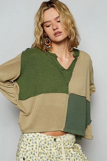 POL Color Block Notched Long Sleeve T-Shirt