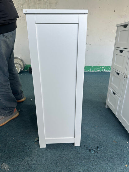 Bathroom Storage Cabinet with 4 Drawers and 1 Door, Freestanding Wooden Floor Organizer for Bathroom, Narrow Storage Cabinet for Small Spaces, Entryway, Living Room or Hallway, White