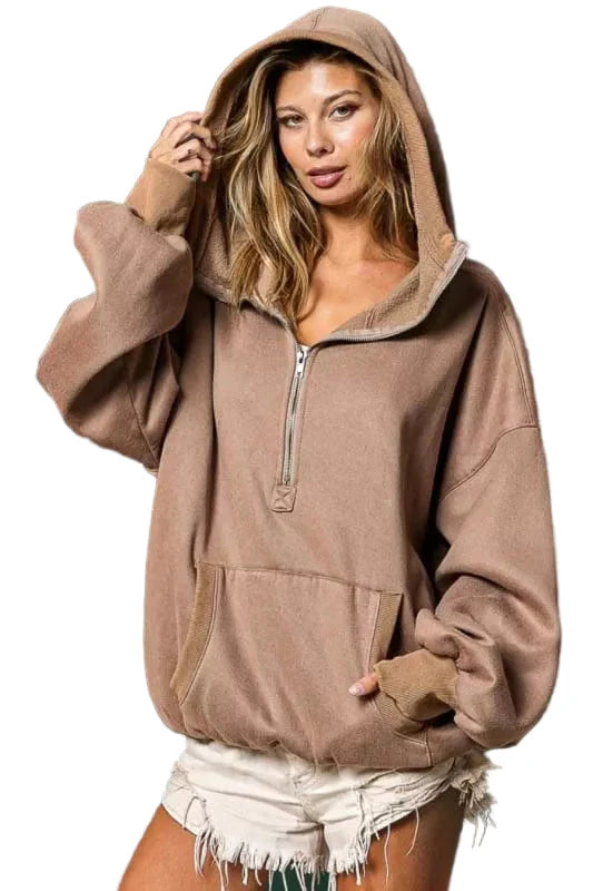 BiBi Stitch Detailed Elastic Hem Half Zip Fleece Hoodie