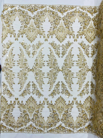 Damask Wing Design Embroidered Heavy Beaded Lace on 54" Mesh Fabric.