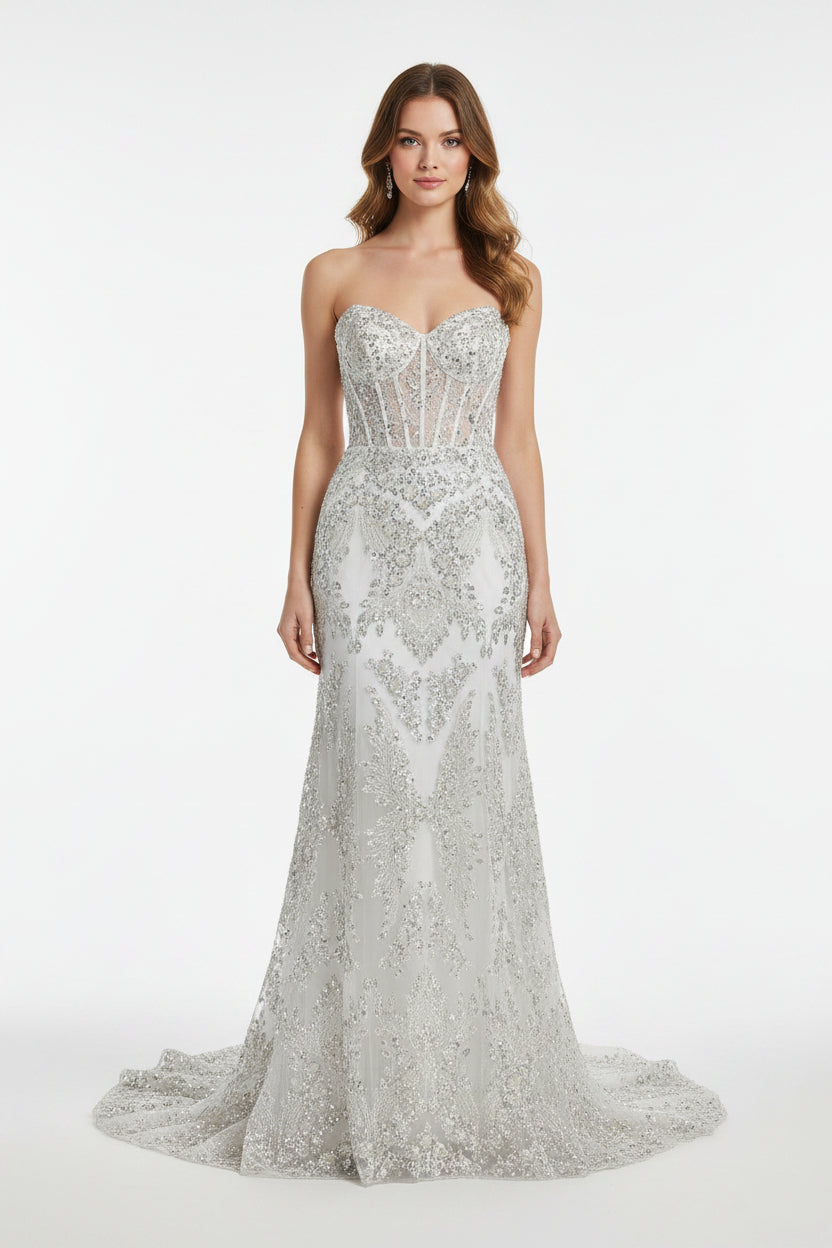Damask Wing Design Embroidered Heavy Beaded Lace on 54" Mesh Fabric.