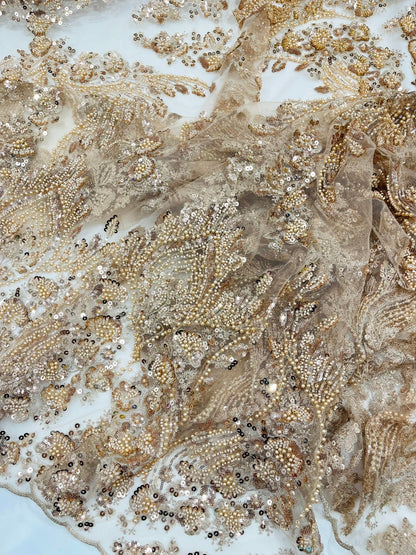 Damask Wing Design Embroidered Heavy Beaded Lace on 54" Mesh Fabric.
