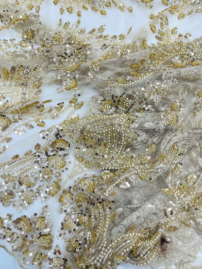 Damask Wing Design Embroidered Heavy Beaded Lace on 54" Mesh Fabric.