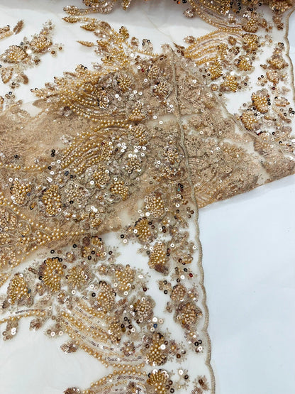 Damask Wing Design Embroidered Heavy Beaded Lace on 54" Mesh Fabric.