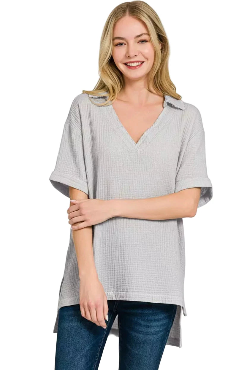 Zenana Double Gauze Short Sleeve High-Low Top