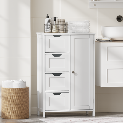 Bathroom Storage Cabinet with 4 Drawers and 1 Door, Freestanding Wooden Floor Organizer for Bathroom, Narrow Storage Cabinet for Small Spaces, Entryway, Living Room or Hallway, White