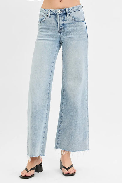 RISEN Full Size Tummy Control Low Rise Wide Leg Raw Cut Hem Jeans Plus Size