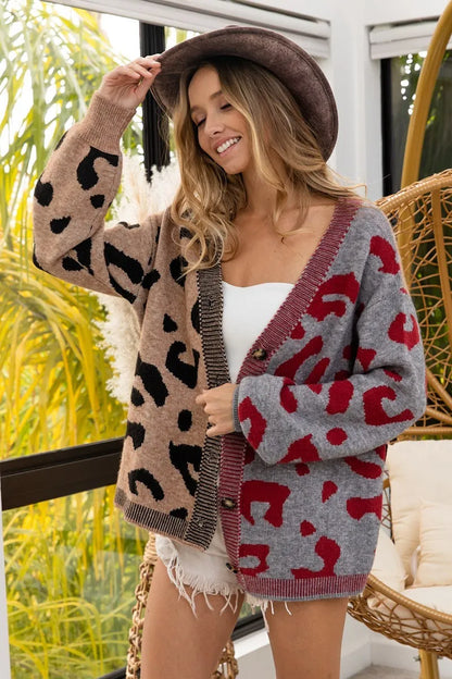 BiBi Leopard Color Block Button Down Sweater Cardigan